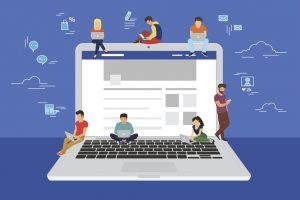 A graphic illustration of several people on sitting on a gain laptop, representing Facebook marketing.