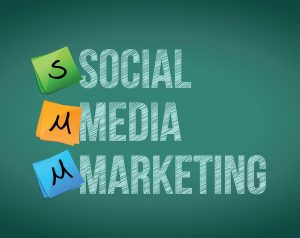 Social media marketing and posts on a blackboard.