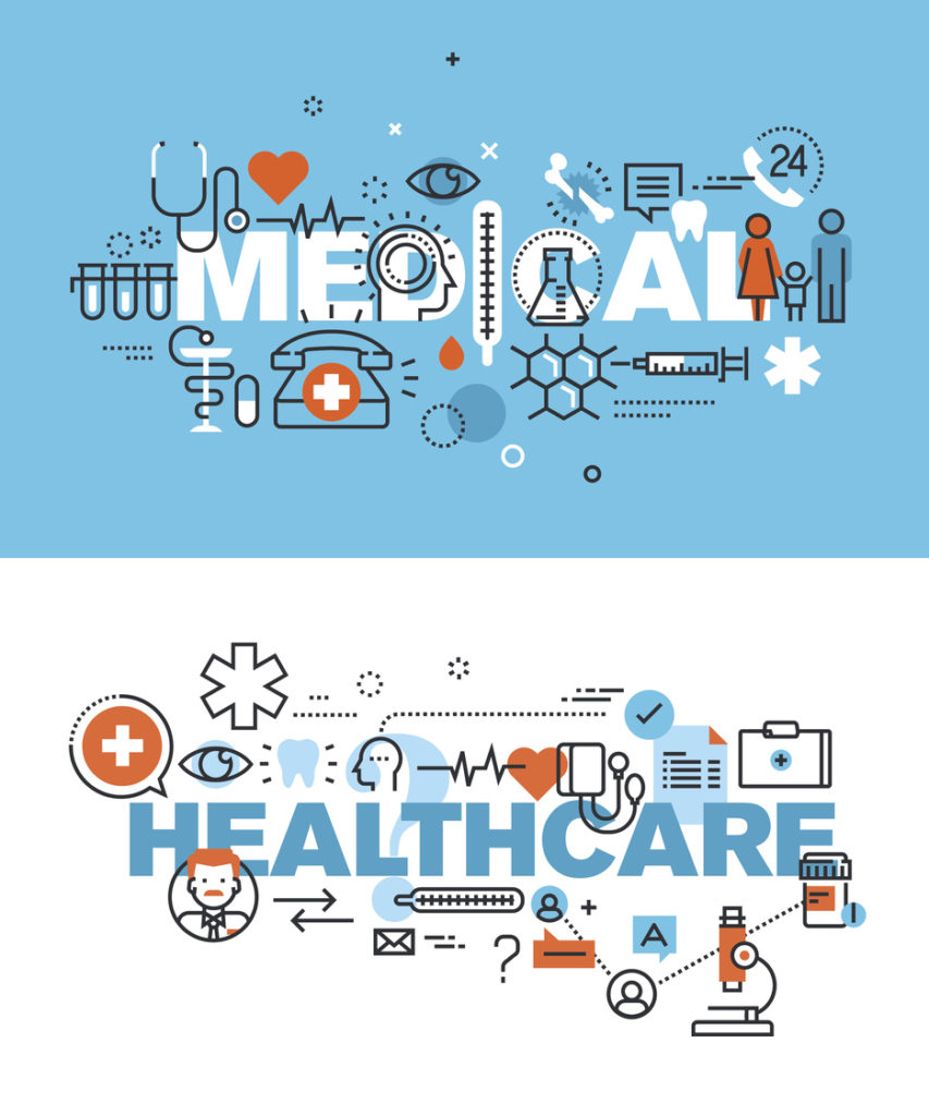 Set of modern vector illustration concepts of words medical and healthcare representing healthcare marketing.